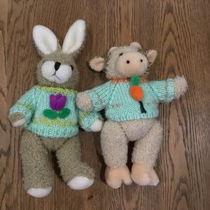 Vintage HugFun 1999 Plush Bunny Rabbit&Cow 10" Doll Flower Knitted Teal Sweater